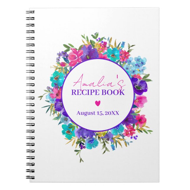 Cuaderno Púrpura Receta Floral Azul Rosa (Frente)