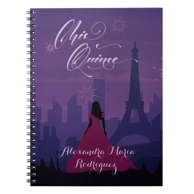 Cuaderno Púrpura Rosa París Fuegos artificiales Quinceañera (Frente)