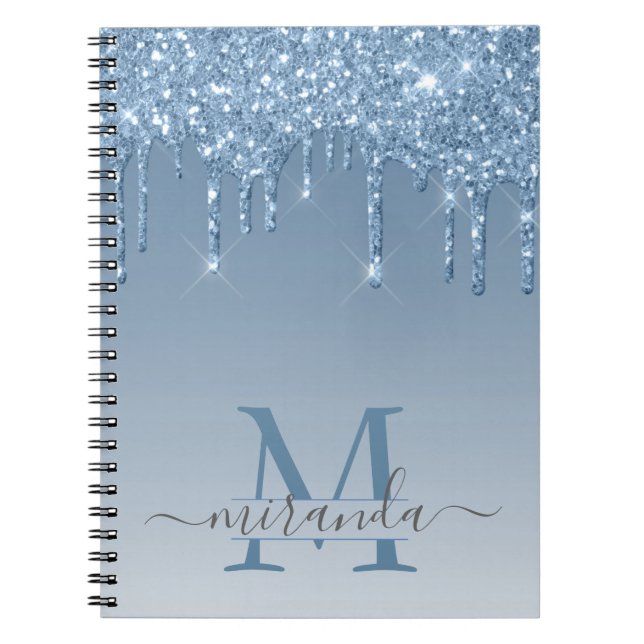 Cuaderno Purpurina azul Girly Drin Monograma Ombre (Frente)