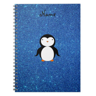 Cuaderno Purpurina azul personalizado del pingüino conocid