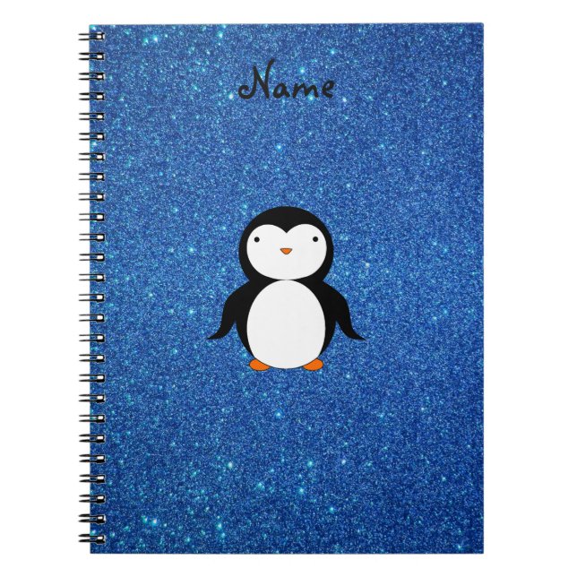 Cuaderno Purpurina azul personalizado del pingüino conocido (Frente)