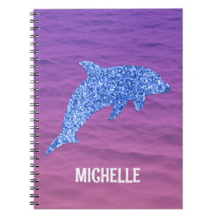 Cuaderno Purpurina Azul Personalizado Delfín Rosa Y Púrpura