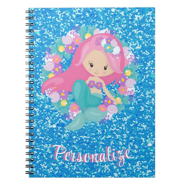 Cuaderno Purpurina azul rosa de la sirena suave personaliza (Frente)