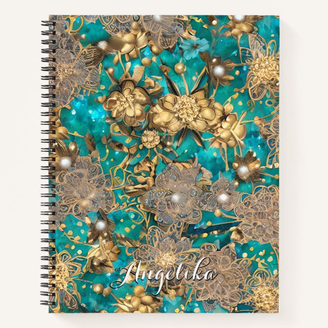 Cuaderno Purpurina de Faux Gold verde azulado Abstract Flow (Anverso)