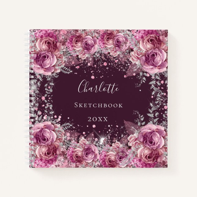 Cuaderno Purpurina de flores borgoñas rosadas en Sketchbook (Anverso)