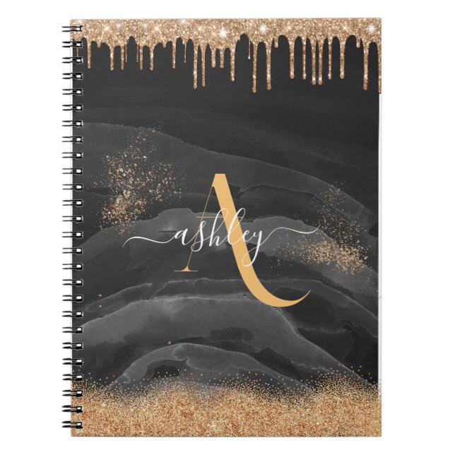 Cuaderno Purpurina de goteo de oro Monograma Personalizado  (Frente)