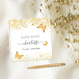 Cuaderno Purpurina de mariposas de oro blanco de cumpleaños
