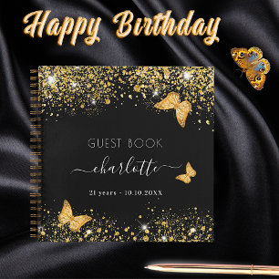 Cuaderno Purpurina de mariposas de oro negro de cumpleaños