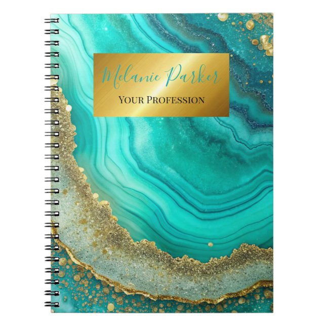 Cuaderno purpurina de mármol dorado turquesa de moda modern (Frente)