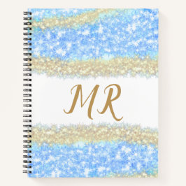 Cuaderno purpurina de oro azul chispa monograma texto
