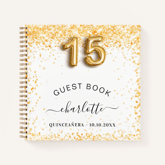 Cuaderno Purpurina de oro blanco Quinceanera (Anverso)