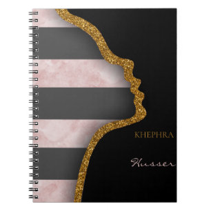 Cuaderno Purpurina De Oro De Mármol Rosado Nombre Negro Y G