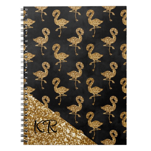 Cuaderno Purpurina de oro elegante Patrón Flamingo Monogram (Frente)