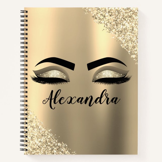 Cuaderno Purpurina de oro Esparkle Eyelashes Monograma Nomb (Anverso)