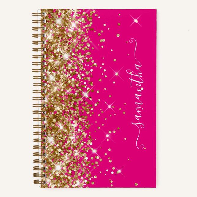Cuaderno Purpurina de oro Hot Pink Modern Girly Signature (Anverso)