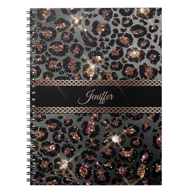 Cuaderno Purpurina de oro negro de leopardo de moda persona (Frente)