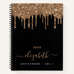Cuaderno Purpurina de oro negro de Sketchbook gotea nombre 