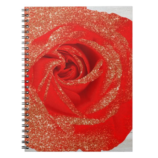 Cuaderno Purpurina de oro rojo Rosa de madera blanca Shabby (Frente)