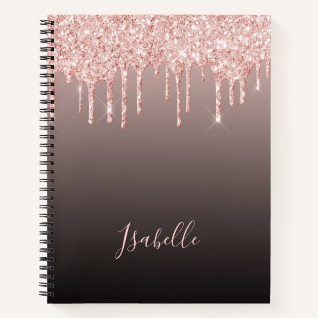 Cuaderno purpurina de oro Rosa goteo de cobre negro nombre  (Anverso)