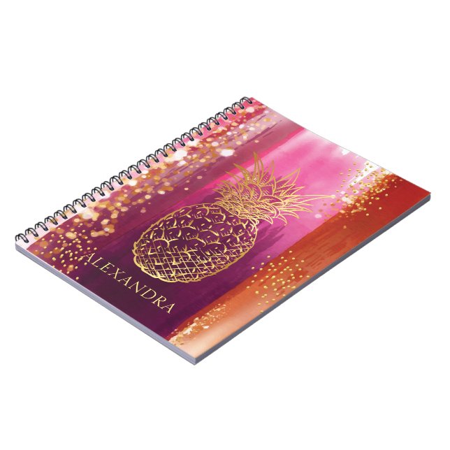 Cuaderno Purpurina de oro rosa piña personalizada (Lado Izquierdo)
