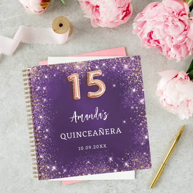 Cuaderno Purpurina de oro rosa púrpura Quinceanera (Subido por el creador)