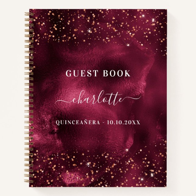 Cuaderno Purpurina de oro rosa Quinceanera burgundy (Anverso)
