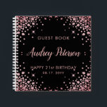 Cuaderno Purpurina de Oro Sparkle Rosa 21st Birthday Guest<br><div class="desc">Moderno y elegante Sparkle Rosa Oro Purpurina Negro 21 (o cualquier edad) Personalizado Monograma de cumpleaños Libro de Invitado Personalizado. Este diseño femenino de fiesta Girly Adulto Birhday presenta una elegante escritura caligráfica con letras a mano y un marco rosa purpurina de diamantes de oro sobre fondo negro. Ideal para...</div>
