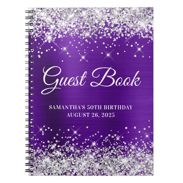 Cuaderno Purpurina de Plata Indigo Purple 50th Birthday Gue (Frente)
