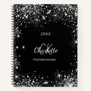 Cuaderno Purpurina de plata negra enciende iniciales de mon