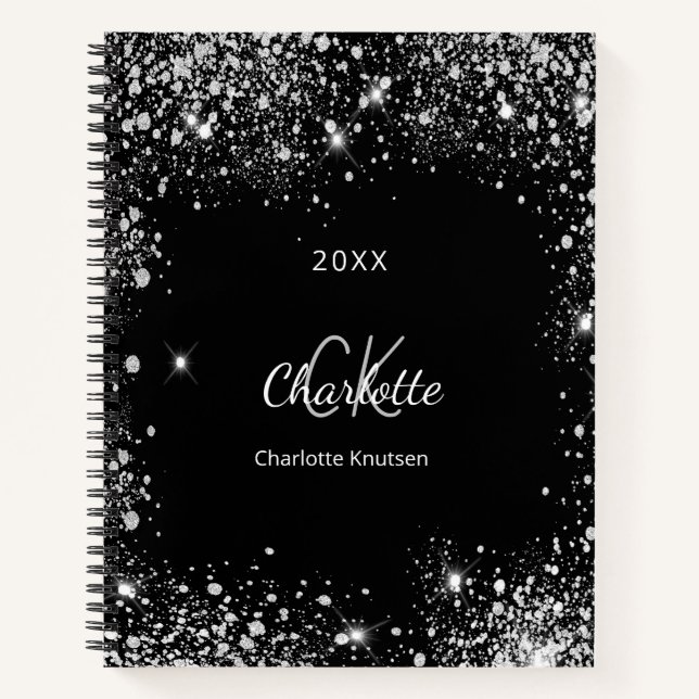 Cuaderno Purpurina de plata negra enciende iniciales de mon (Anverso)