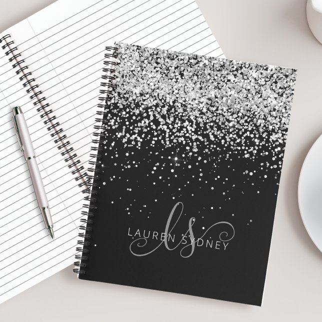 Cuaderno Purpurina de plata negra Glam Monograma Nombre (Subido por el creador)