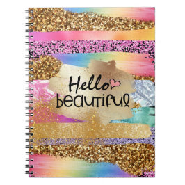 Cuaderno purpurina dorado arco iris saluda corazón hermoso