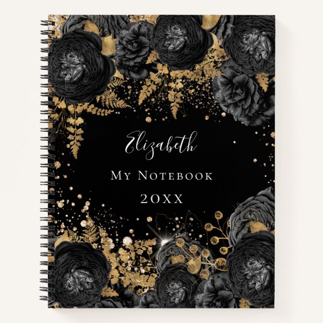 Cuaderno Purpurina floral de oro negro glamoroso (Anverso)
