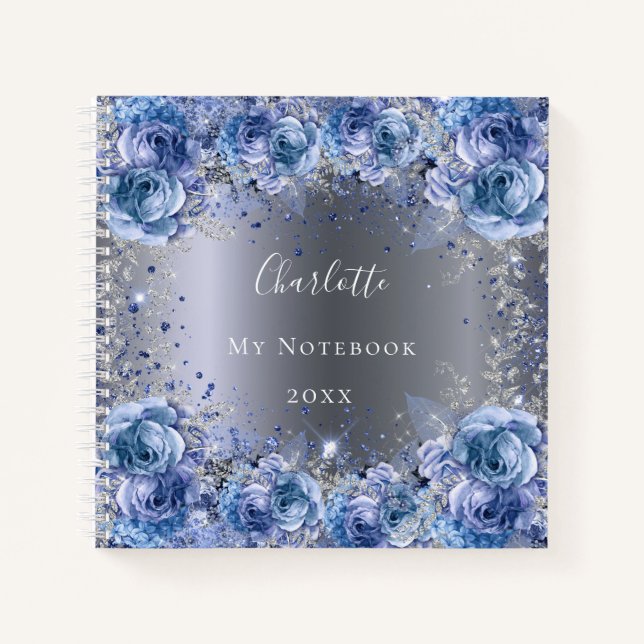 Cuaderno Purpurina floral de plata azul polvo nombre metáli (Anverso)