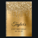 Cuaderno Purpurina Gold Drips Metallic 21st Birthday Guest<br><div class="desc">Cree su propio diseño de fiesta de 21 años en un bloc de notas de invitado en blanco. Girly finge un brillante purpurina de oro sobre un falso gráfico de arte digital de Relieve metalizado de estilo metalizado cepillado y dorado. Personalizar los estilos de letra para crear tu propio libro...</div>