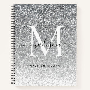 Cuaderno Purpurina Gris Glam Silver Sparkle Elegante Monogr