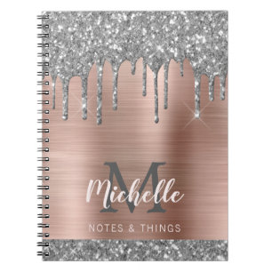 Cuaderno Purpurina gris plateado monogramado gotea Metaliza
