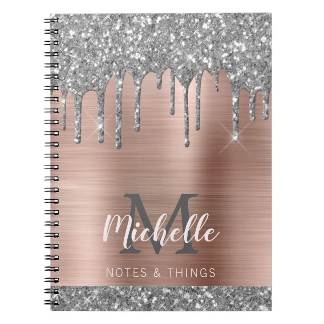 Cuaderno Purpurina gris plateado monogramado gotea Metaliza (Frente)