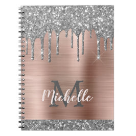 Cuaderno Purpurina gris plateado monogramado gotea Metaliza