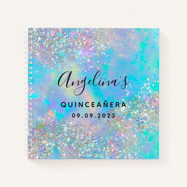 Cuaderno Purpurina holográfico Opal Quinceañera Guest Book (Anverso)