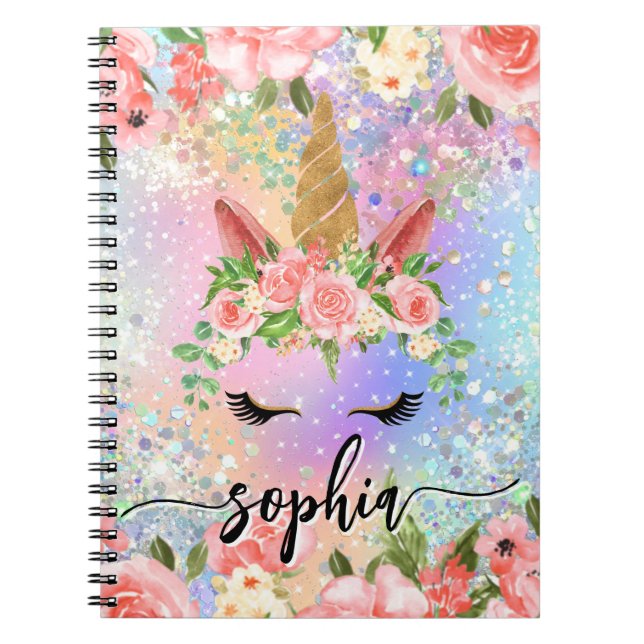 Cuaderno Purpurina irlandés holográfico Floral Gold Unicorn (Frente)