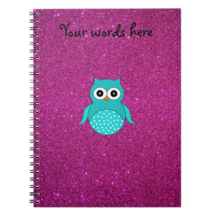 Cuaderno Purpurina lindo del rosa del búho de la turquesa