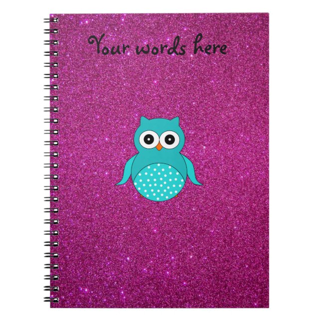 Cuaderno Purpurina lindo del rosa del búho de la turquesa (Frente)