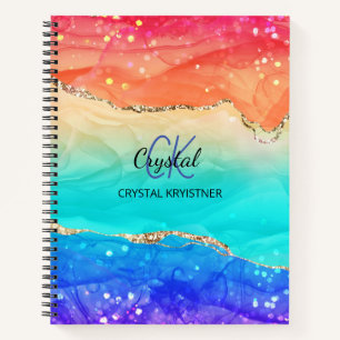 Cuaderno Purpurina moderno y moderno monograma del arcoiris