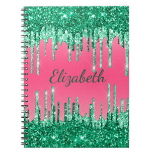Cuaderno Purpurina monograma gotea glam de moda verde rosa
