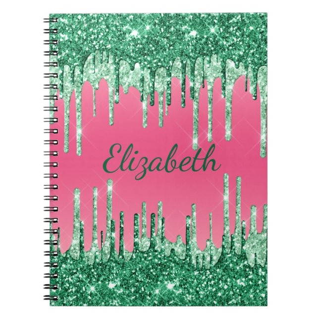 Cuaderno Purpurina monograma gotea glam de moda verde rosa (Frente)