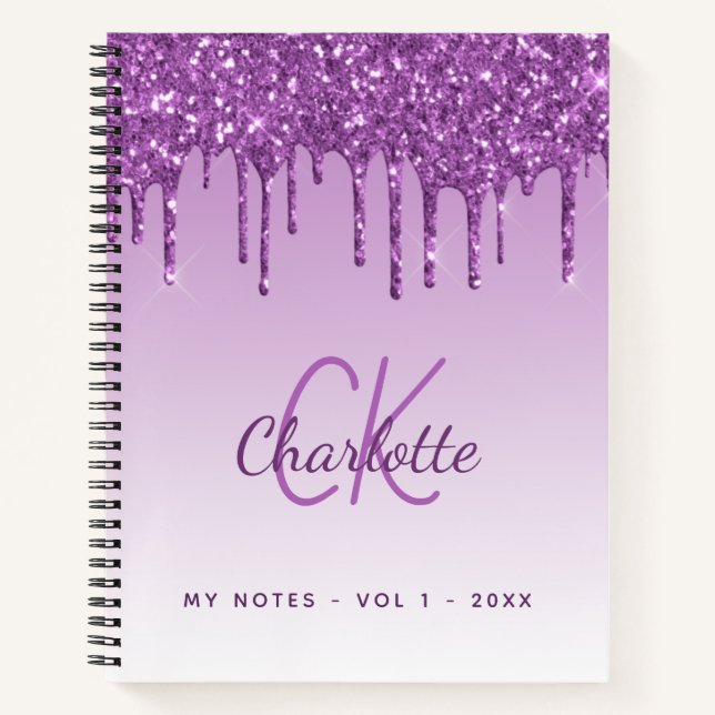 Cuaderno Purpurina morado gotea monograma violeta (Anverso)