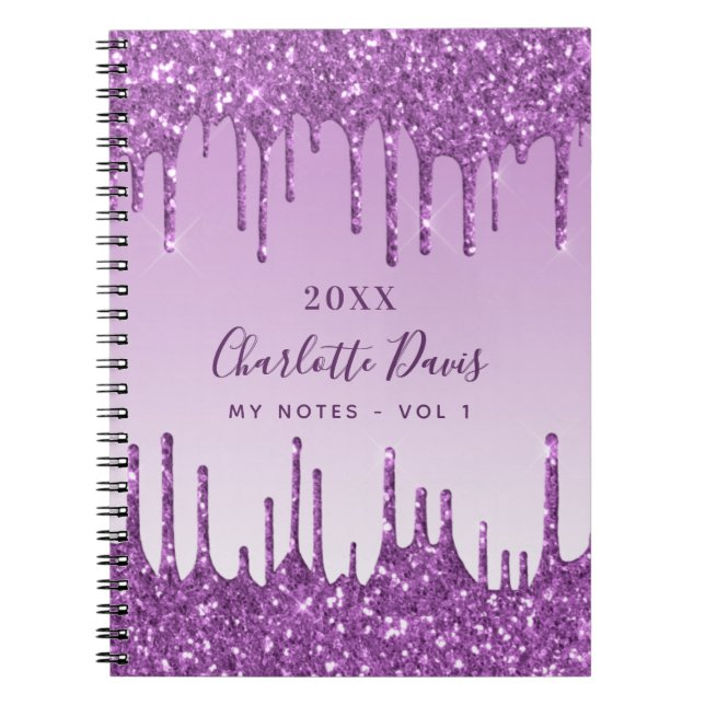 Cuaderno Purpurina morado gotea un lujoso monograma violeta (Frente)