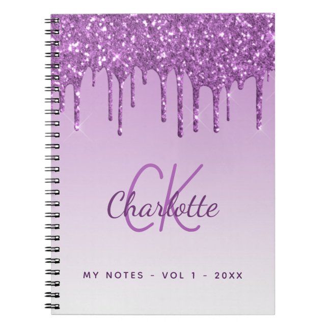 Cuaderno Purpurina morado gotea un monograma violeta de luj (Frente)