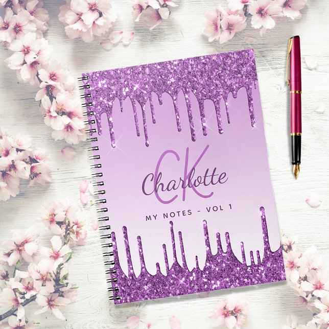 Cuaderno Purpurina morado gotea violeta monograma 2023 (Subido por el creador)